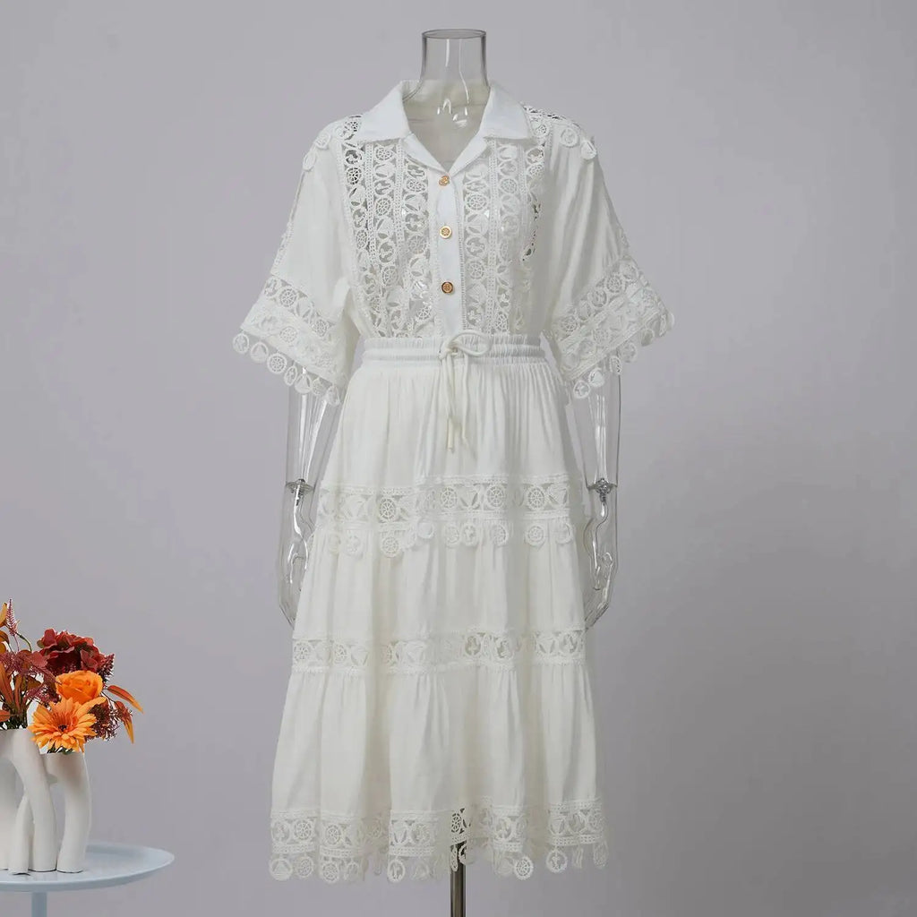 Quality Loose Hollow Out Dress Two Piece Set Women's Shirt Short Skirt Set Embroidered Lace Crop Tops Pleated Skirts Suits 2pcs