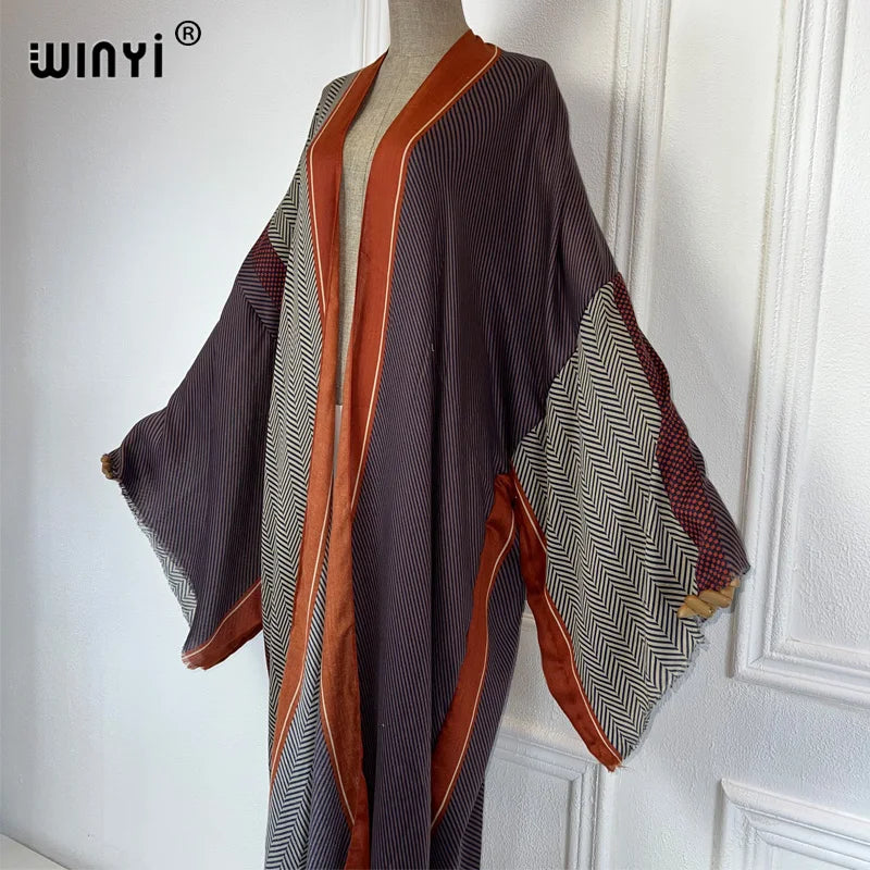 WINYI Africa fashion summer kimono maxi dress cover up beach women Cardigan boho sexy coat Geometric print kaftan beach outfits