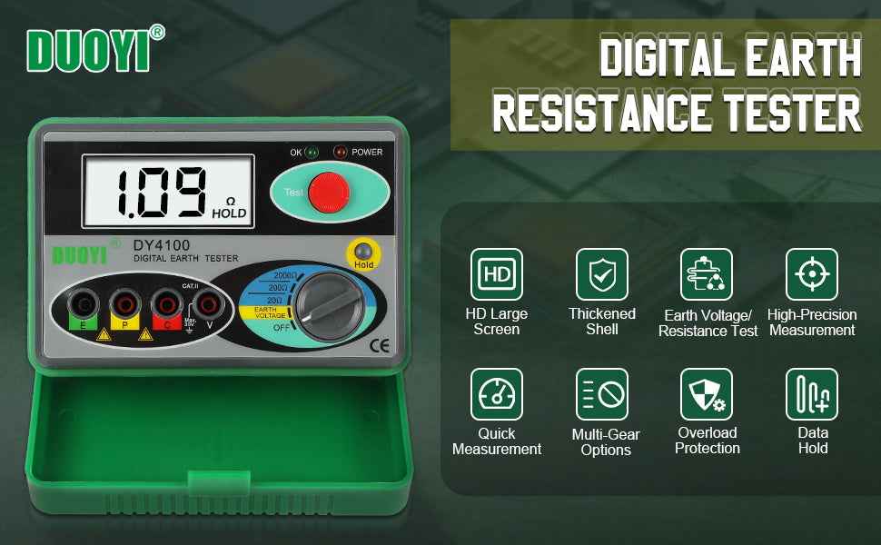Digital Earth Ground Resistance Tester,0-2000 ohm Meter Earth Resistance Tester,Overload Protection AC Ground Voltage Meter